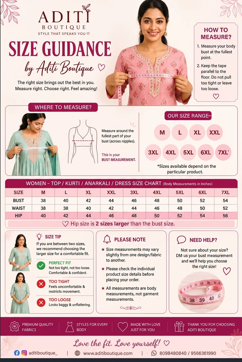 Aditi Boutique Official Size Guidance Chart
